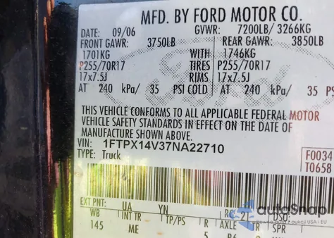 2007 Ford F-150 Fx4/Lariat/Xl/Xlt z USA, uszkodzony, nr VIN 1FTPX14V37NA22710